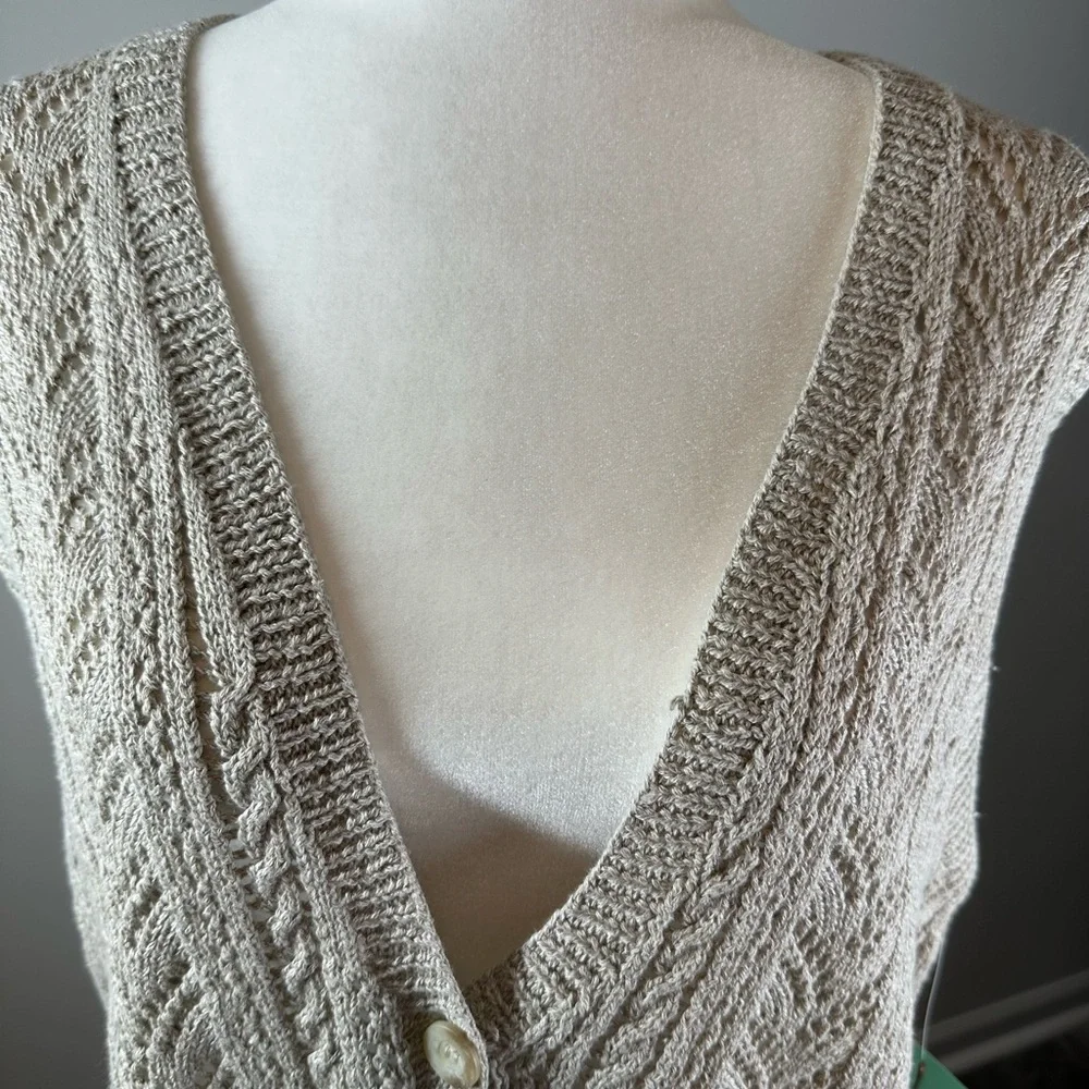 Liz Claiborne Petite M Knit Linen Cotton Button Vest Top Neutral Beige New - Picture 3 of 8